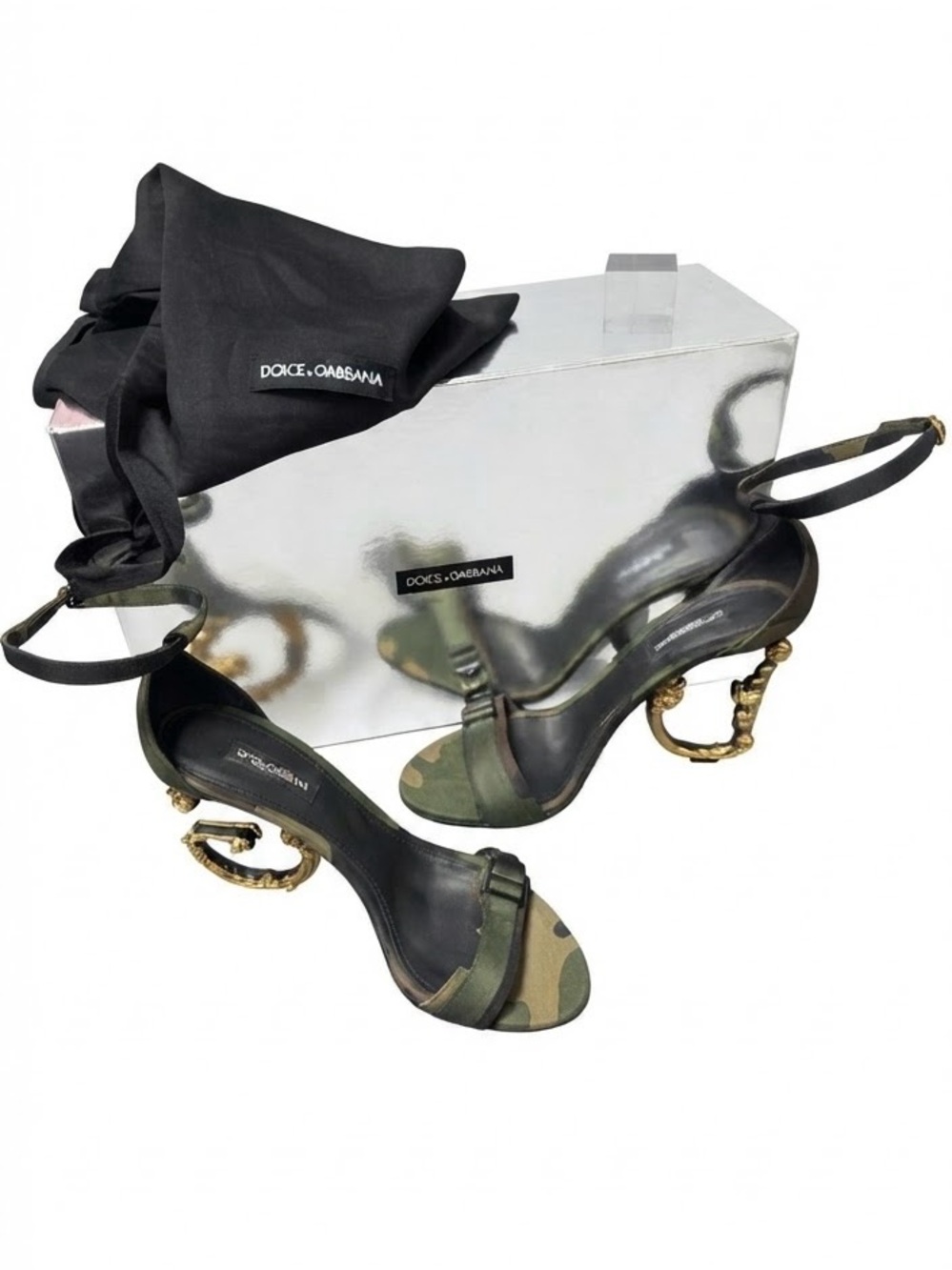 Dolce & Gabbana Keira Camouflage Canvas Gold Baroque DG Heel Sandals 37.5 7.5